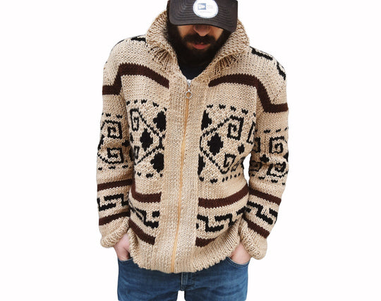 Big Lebowski Dude cardigan in beige with brown and black Cowichan pattern, full zip