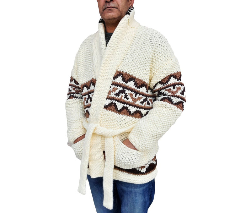 Starsky and Hutch chunky cardigan in cream with brown and black geometric pattern