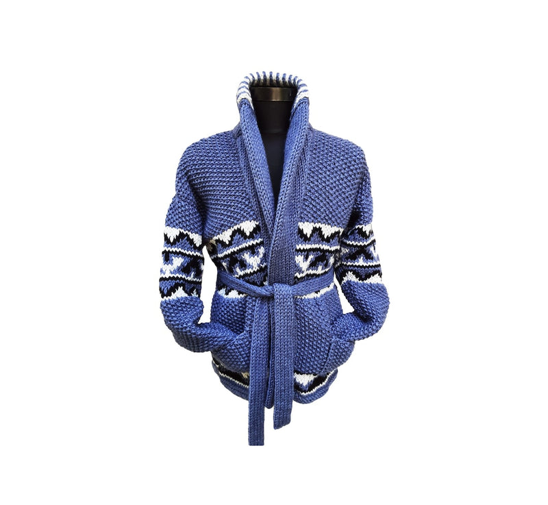 Blue Starsky chunky knit cardigan with white and black geometric pattern, shawl collar