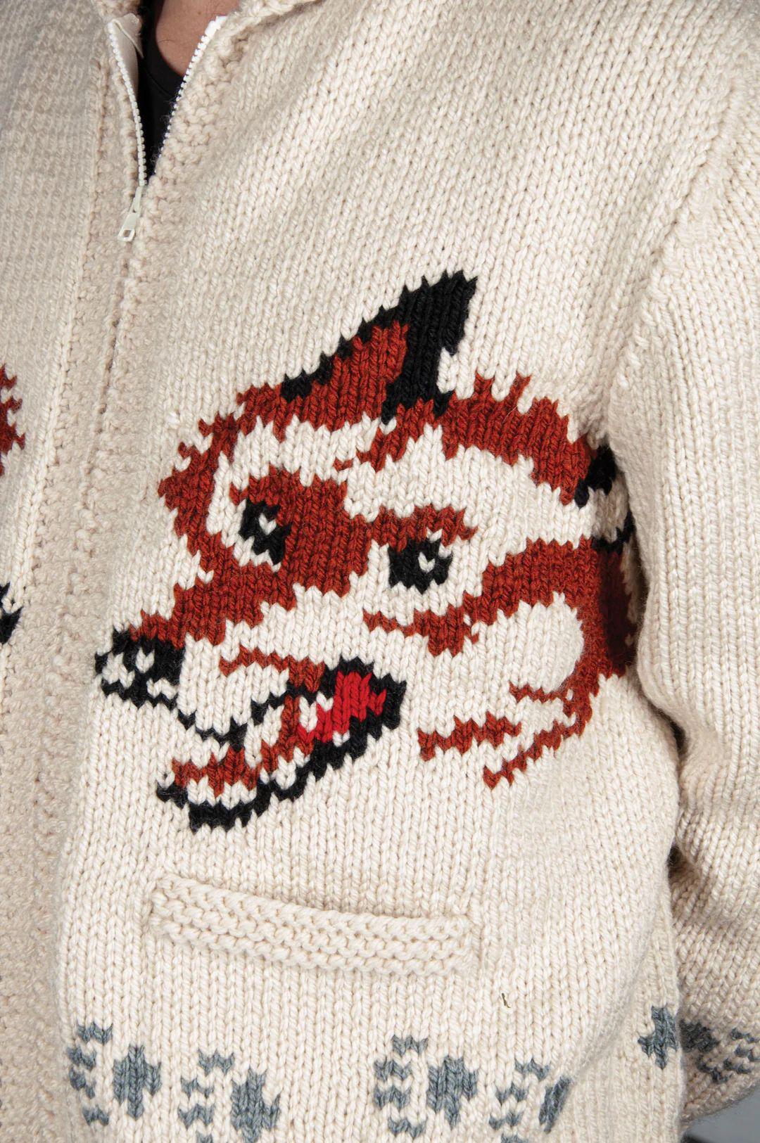 Fox cardigan — close-up of red fox face knit detail on cream wool