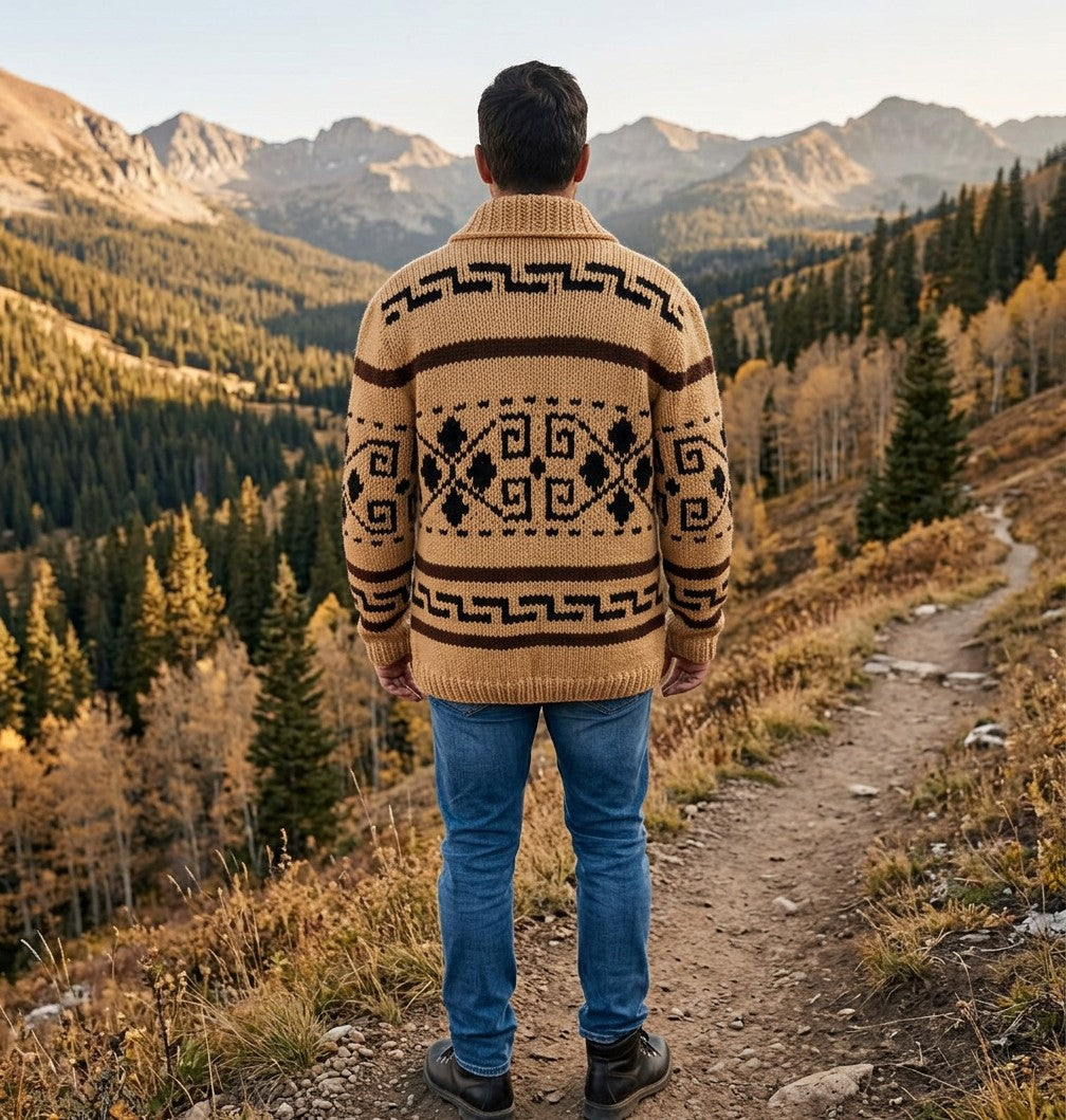 Back view of the Dude cardigan's Cowichan-style pattern on a mountain trail