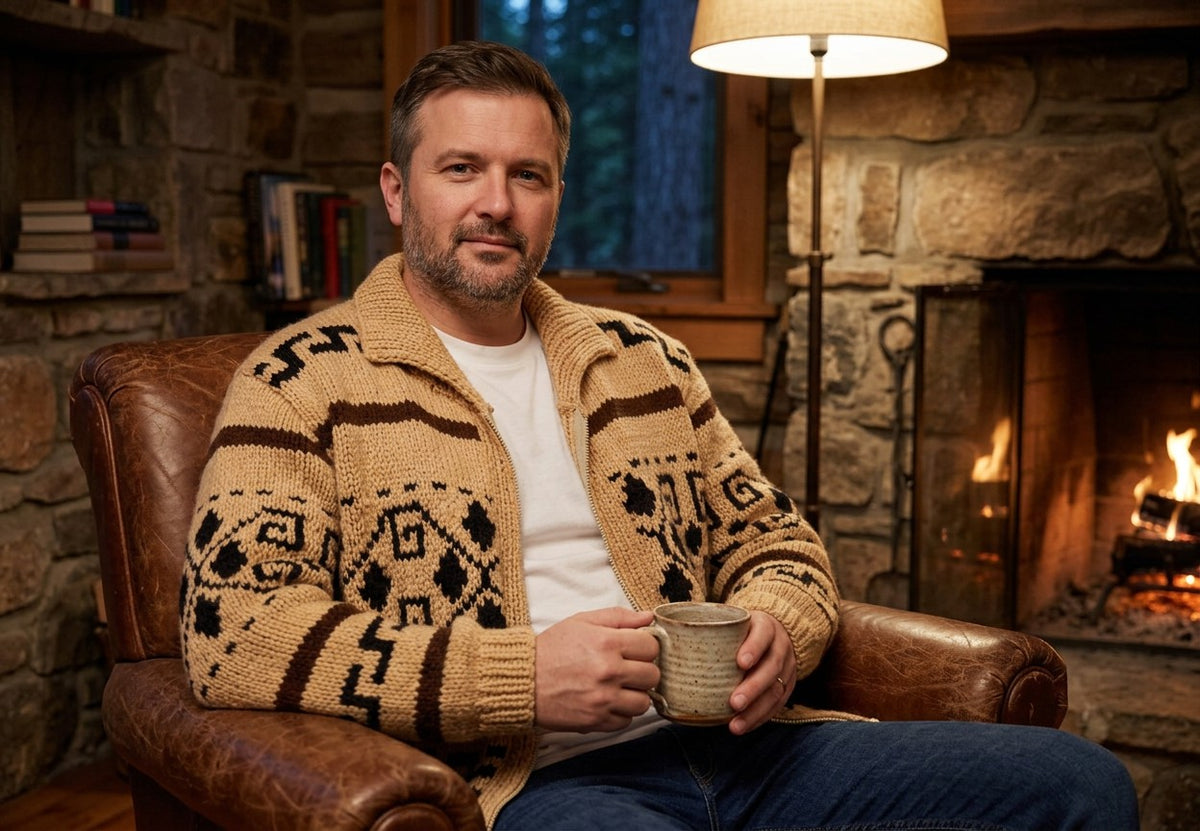Man relaxing by the fireplace with a mug, wearing the hand-knit Dude cardigan