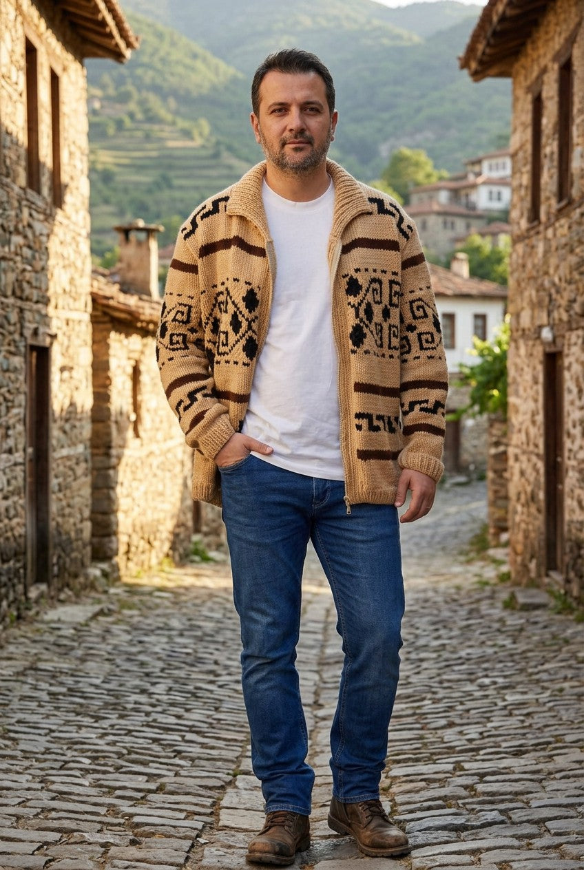 Man wearing the hand-knit Big Lebowski Dude cardigan open over a white t-shirt in a stone mountain village