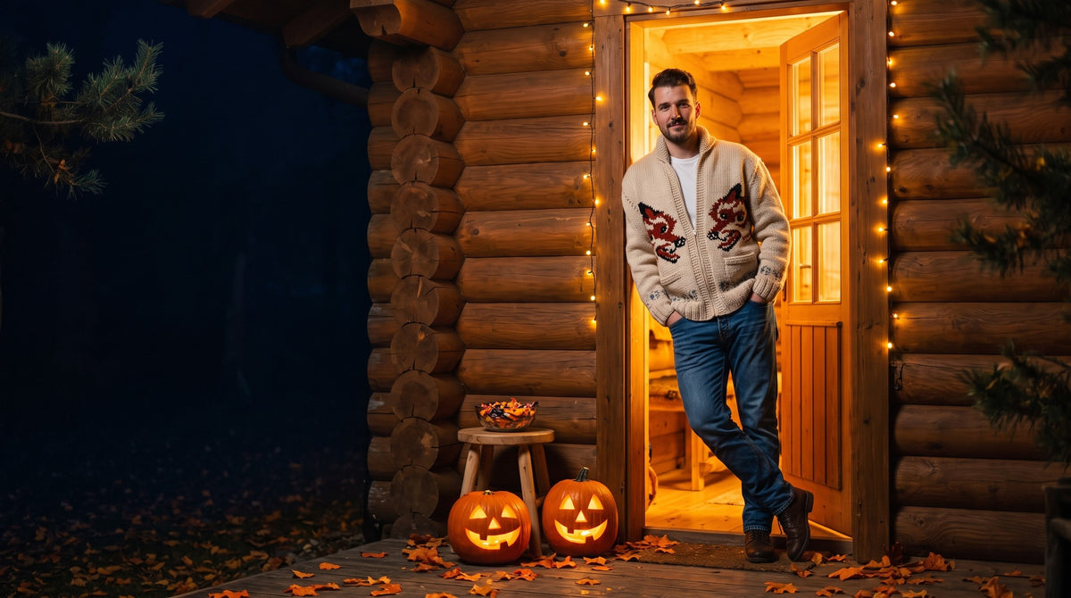 Halloween 2026 — man in the hand-knit Fox Cardigan leaning in a warm cabin doorway at night, jack-o'-lanterns glowing on the doorstep