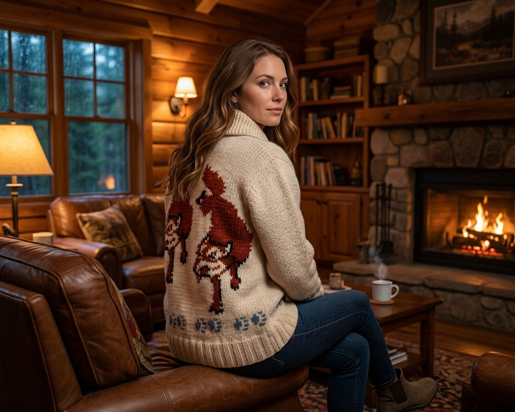 Fox cardigan — cozy fireplace lifestyle, woman seated by stone hearth