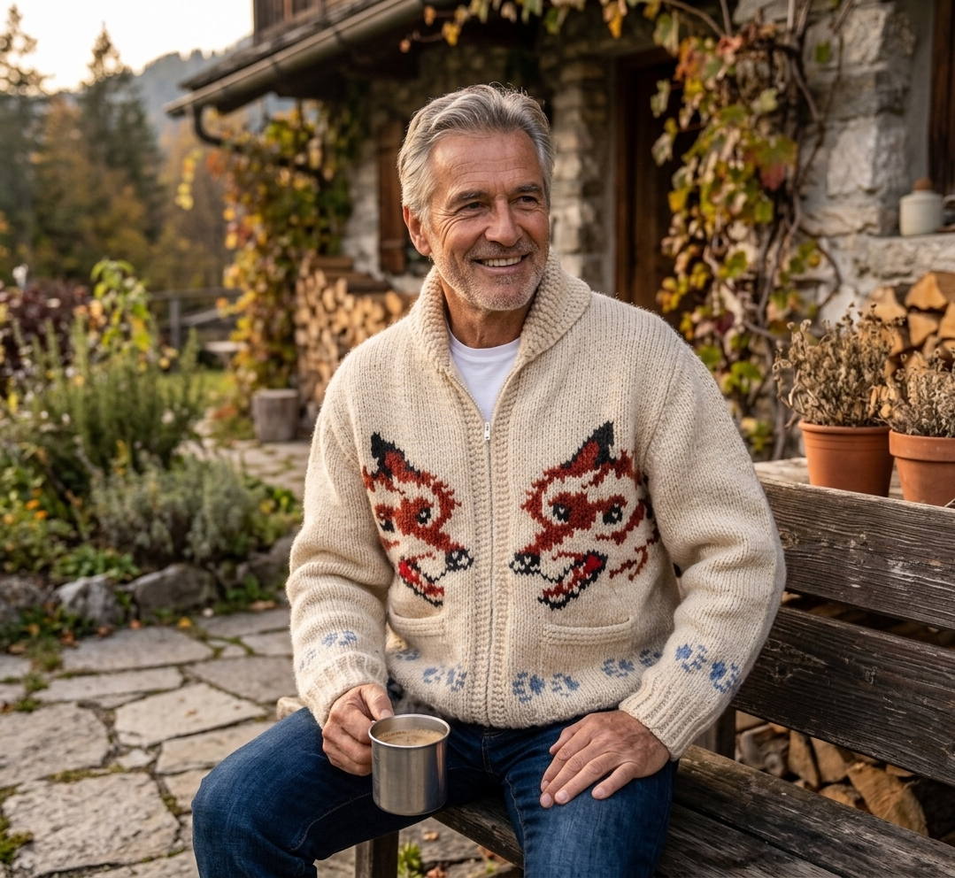 Fox cardigan — lifestyle, model on cabin bench in autumn mountain village