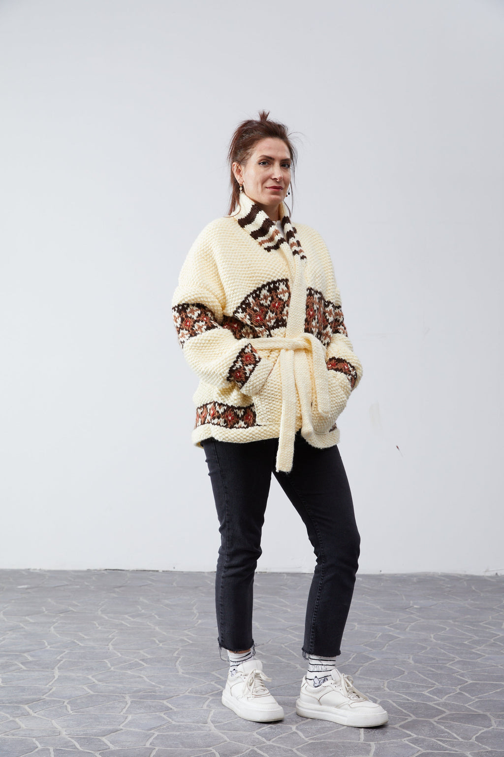 Marilyn Belted Cardigan in Cream — side three-quarter view, belt tied