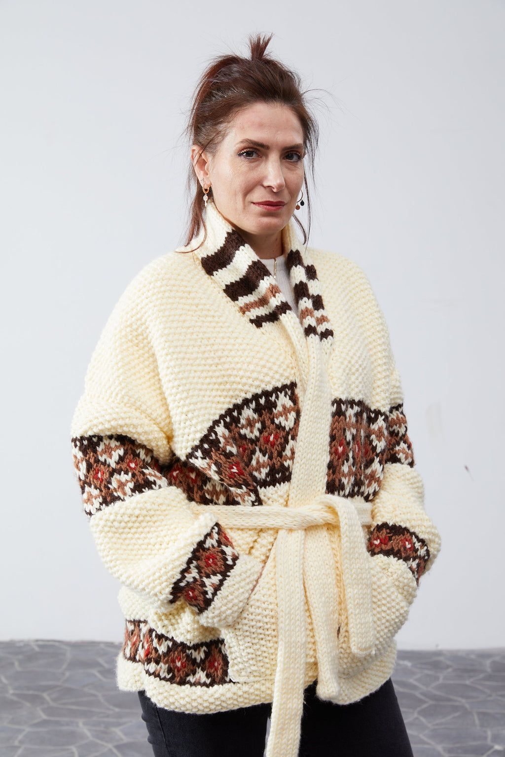 Marilyn Belted Cardigan in Cream — close portrait, shawl collar detail