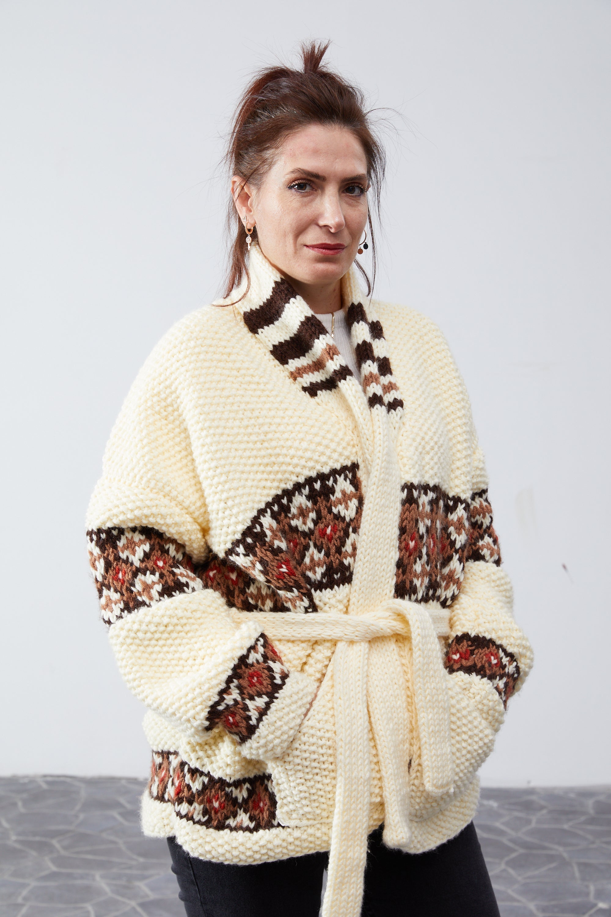 Marilyn Belted Cardigan in Cream — close portrait, shawl collar detail