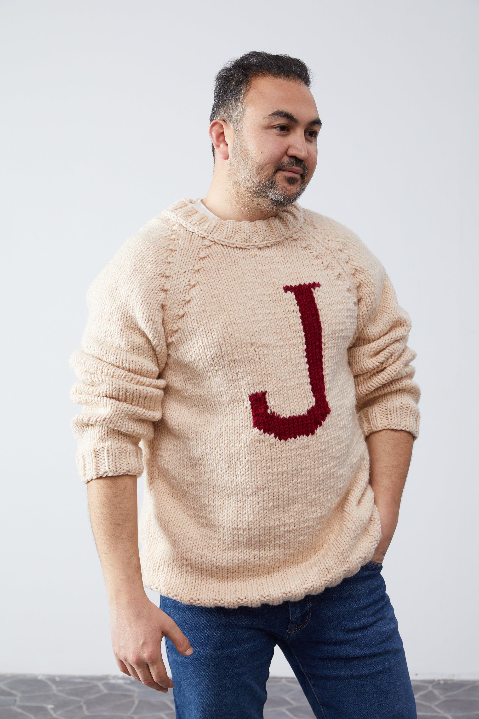 Cream Monogram Weasley jumper with red J letter — hand-knit wool