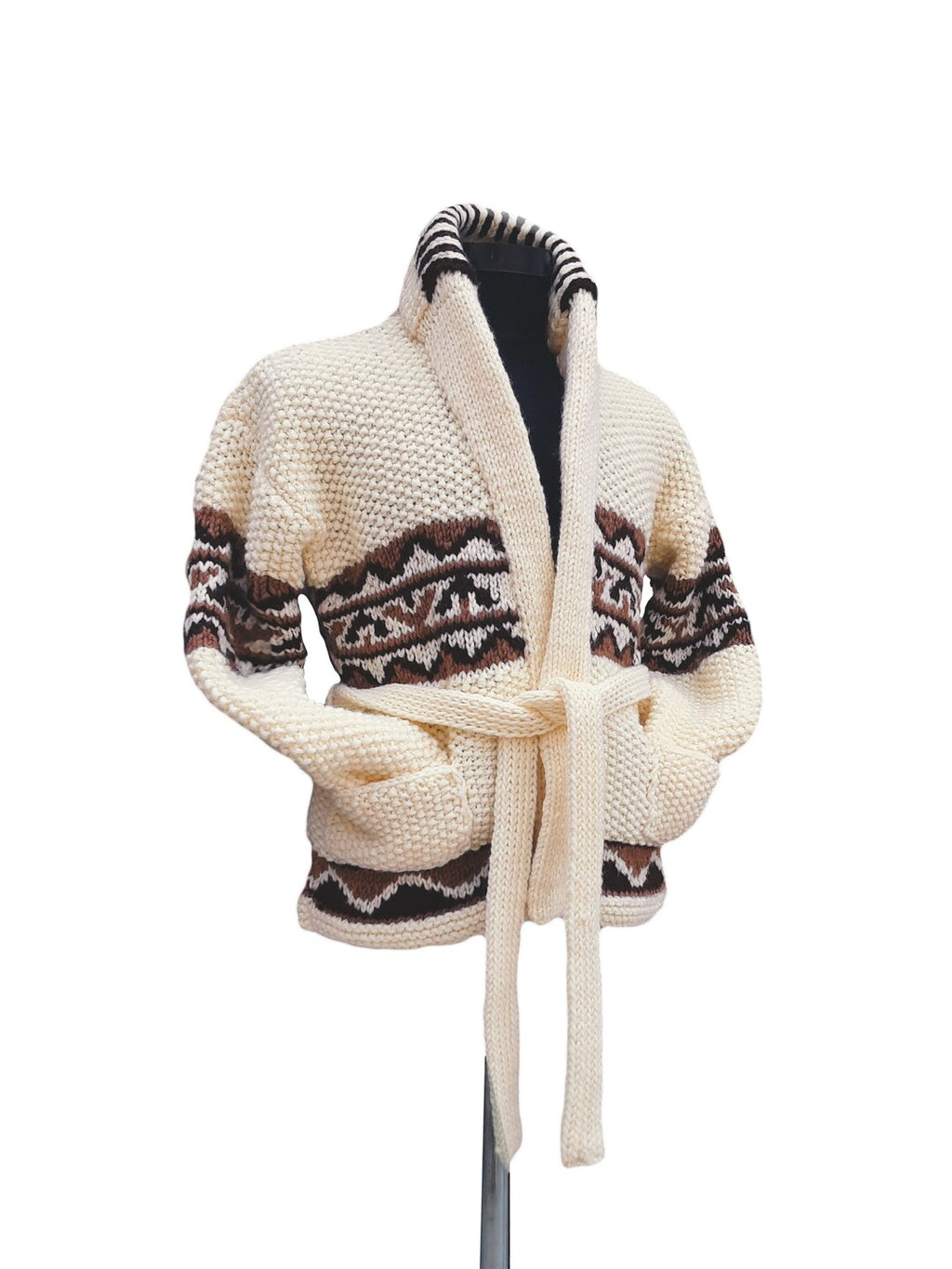 Cream cardigan with shawl collar, tie belt, and two pockets