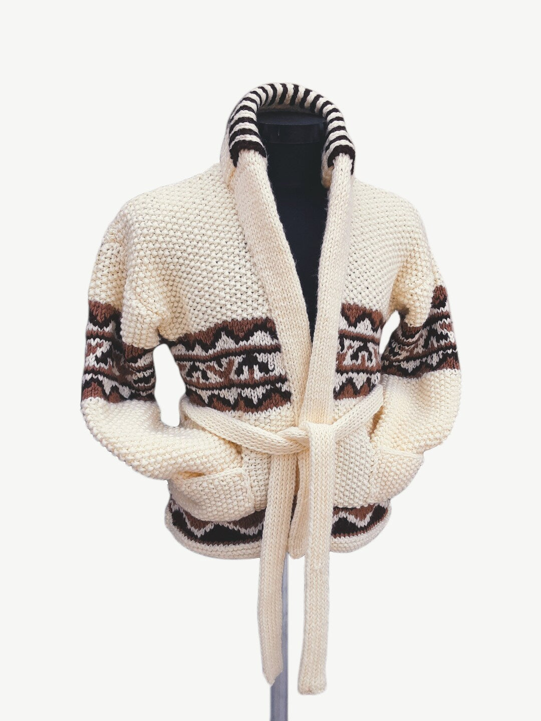 Cream cardigan with shawl collar and tie belt