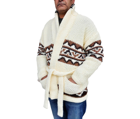 Starsky and Hutch chunky cardigan in cream with brown and black geometric pattern