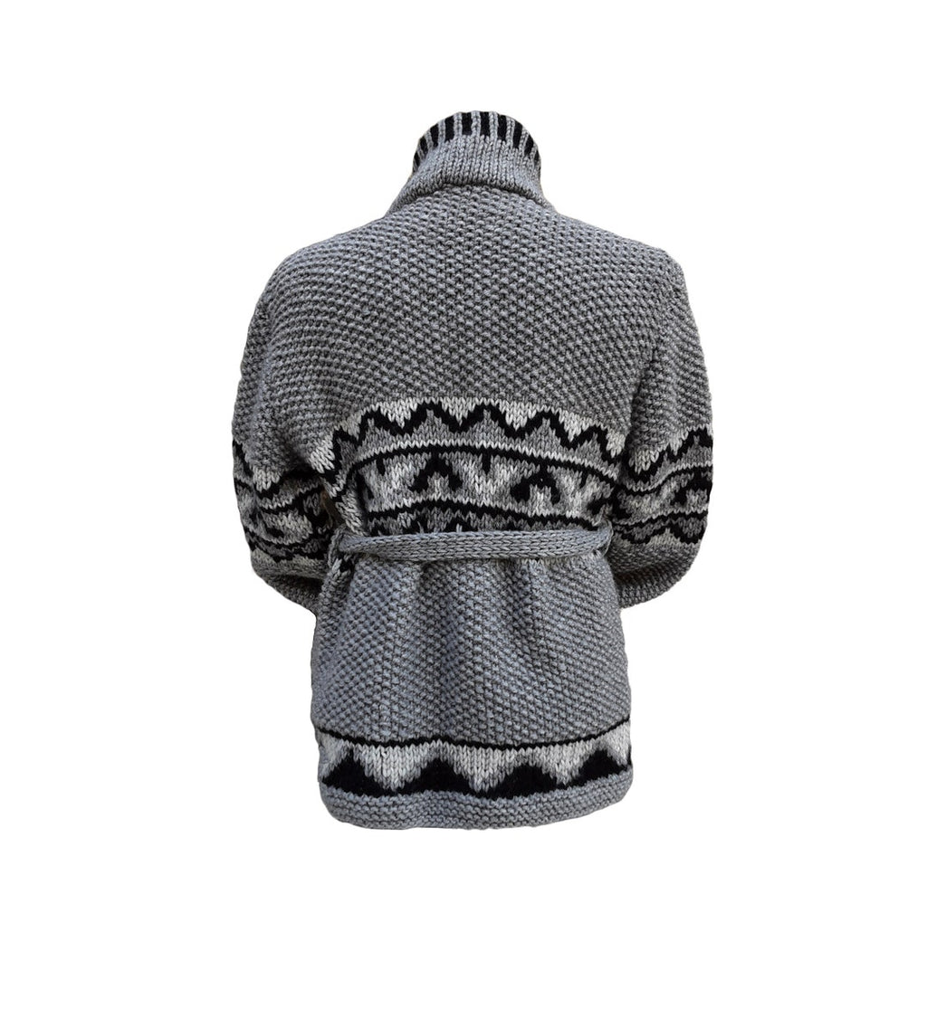 Grey cardigan with geometric pattern around waist, high collar and belt