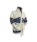 Cream chunky knit Starsky cardigan with grey and navy geometric pattern, shawl collar, tie belt