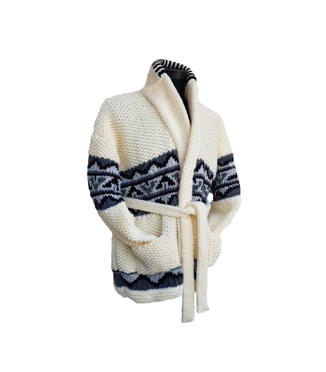 Cream chunky knit Starsky cardigan with grey and navy geometric pattern, shawl collar, tie belt