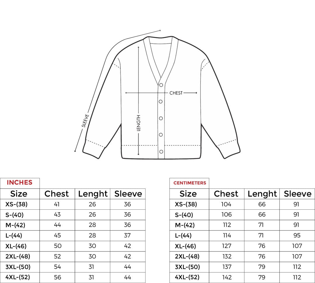 Size chart in inches and centimeters, XS-38 through 4XL-52