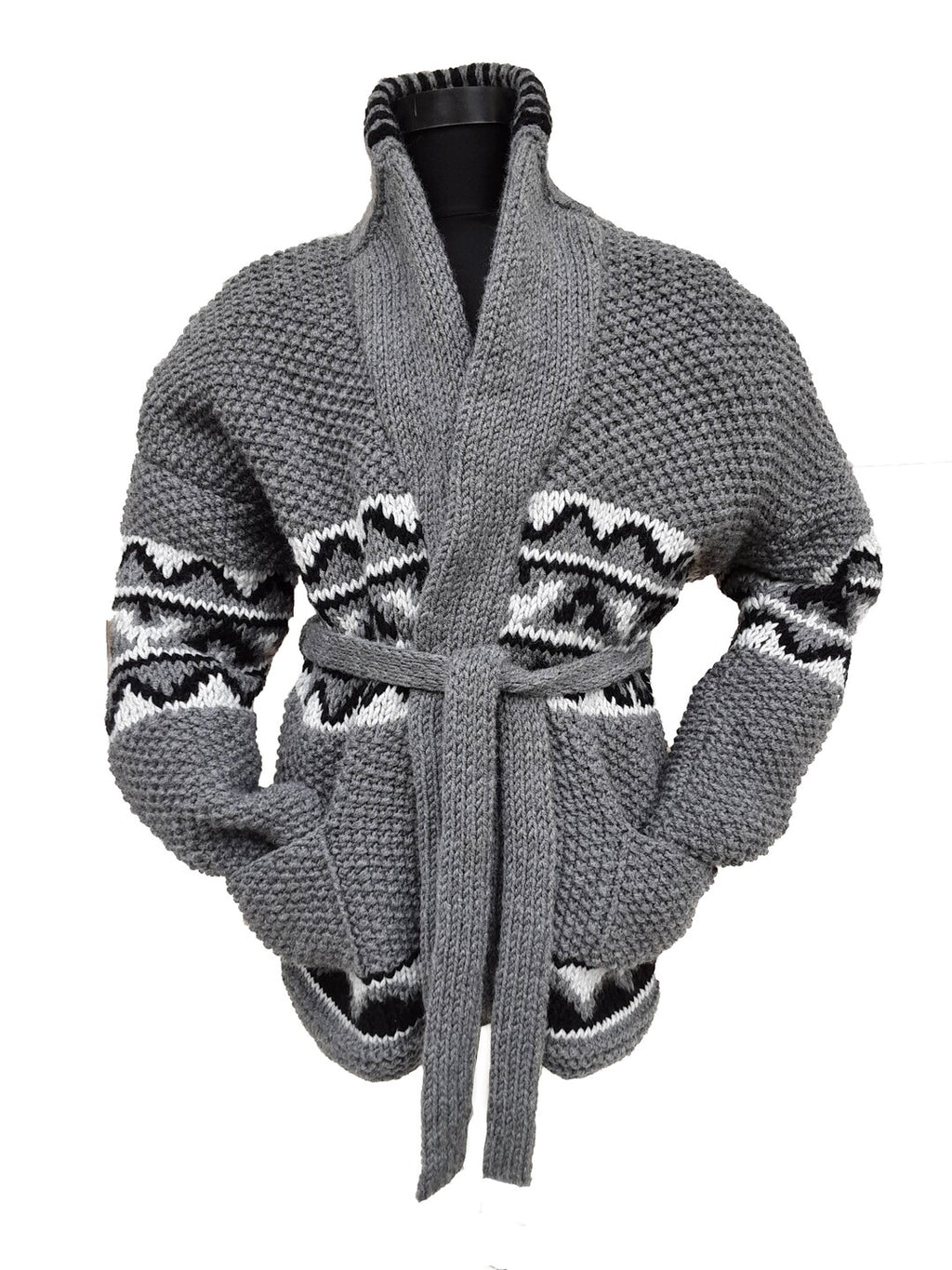 Grey knitted cardigan with shawl collar and tie belt