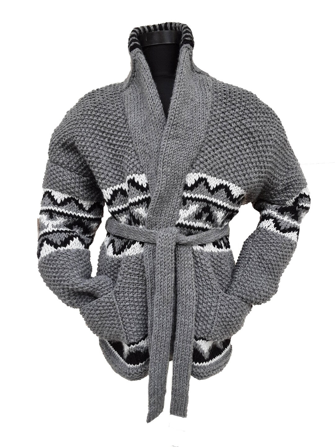Grey knitted cardigan with shawl collar and tie belt