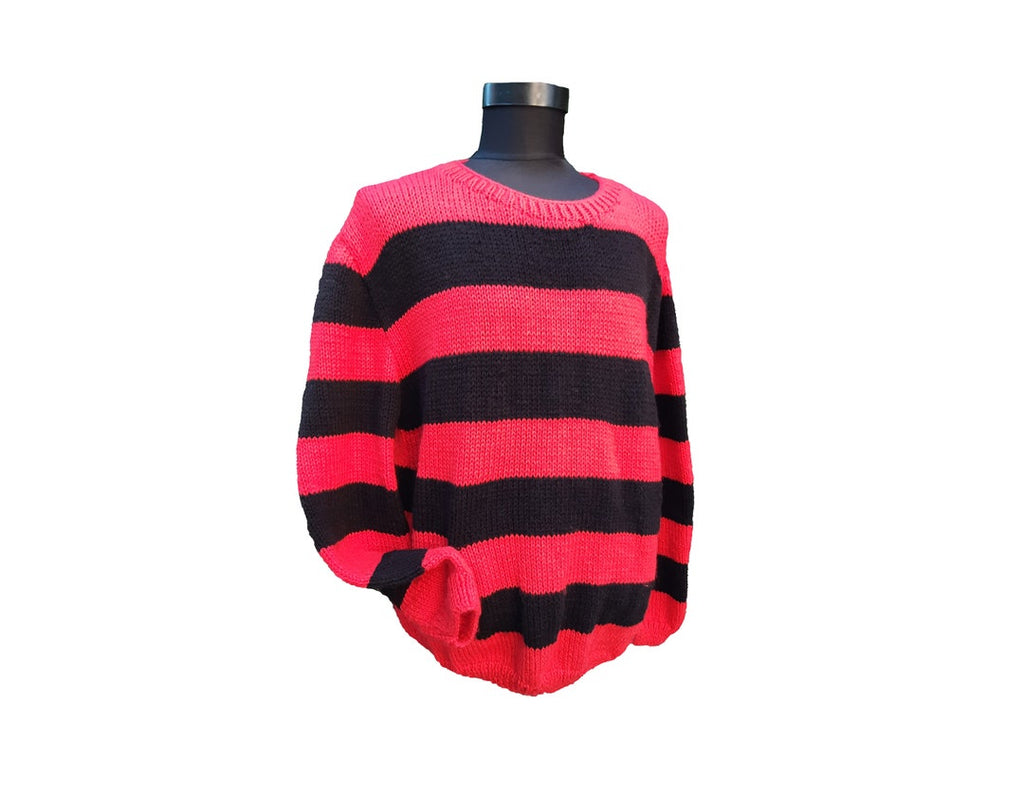 Red and black striped sweater front view