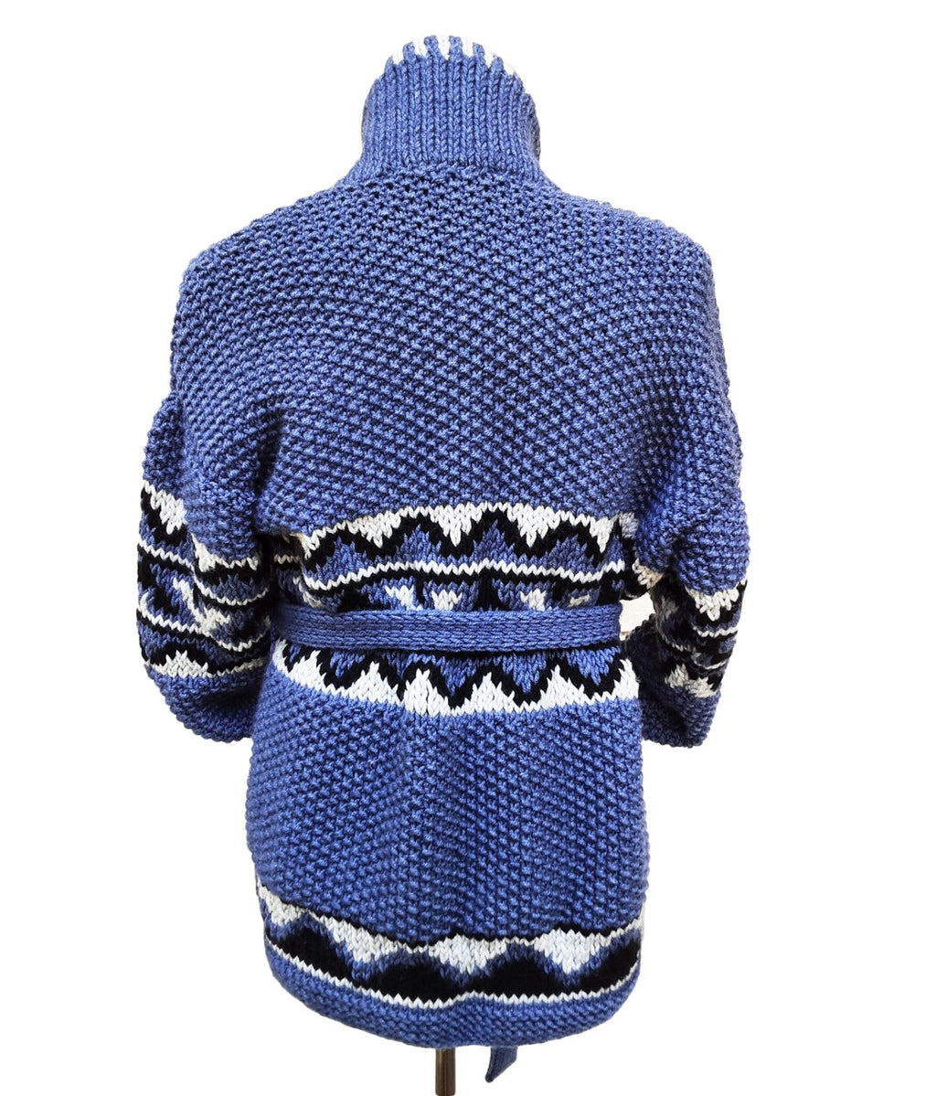 Blue knitted cardigan with belt and high collar