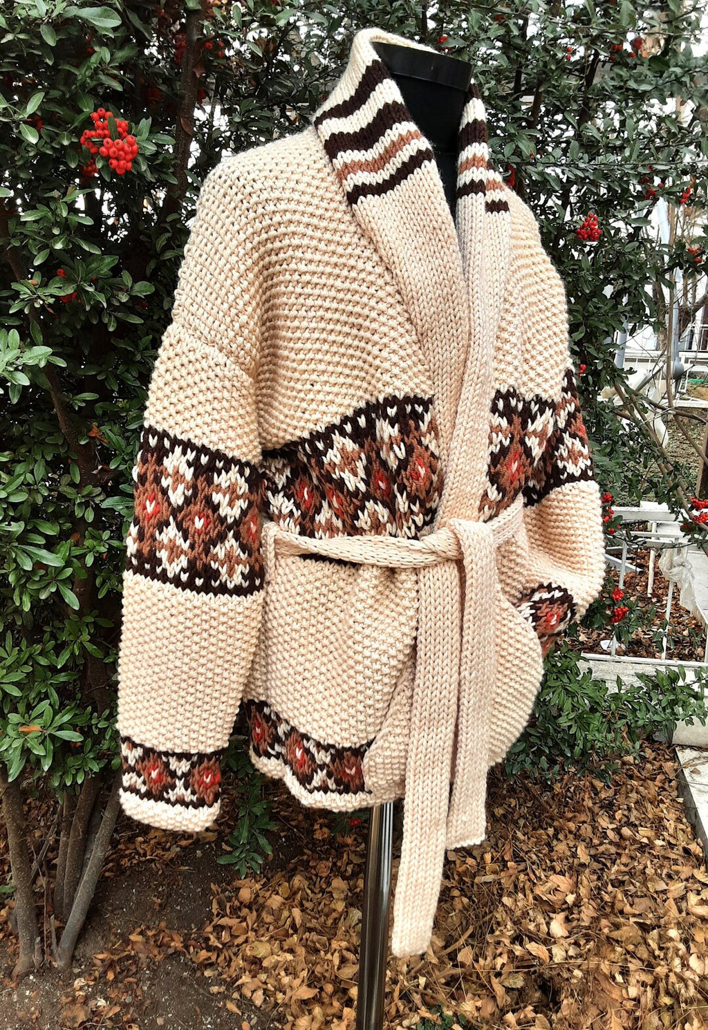 Marilyn Belted Cardigan in Light Brown — close-up of knit texture