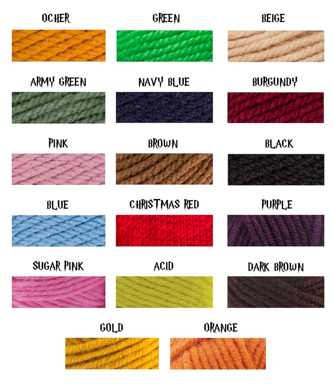 Available wool yarn colors — Ocher, Green, Beige, Army Green, Navy Blue, Burgundy, Pink, Brown, Black, Blue, Christmas Red, Purple, Sugar Pink, Acid, Dark Brown, Gold, Orange
