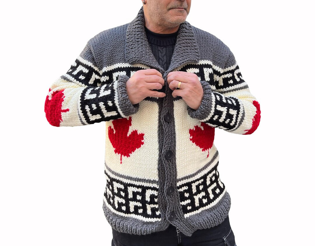 Grey white black and red cardigan button closure