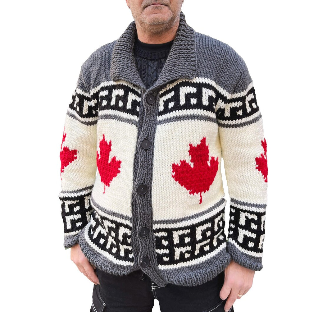 Maple Leaf Canada cardigan grey base with red maple leaf and geometric pattern