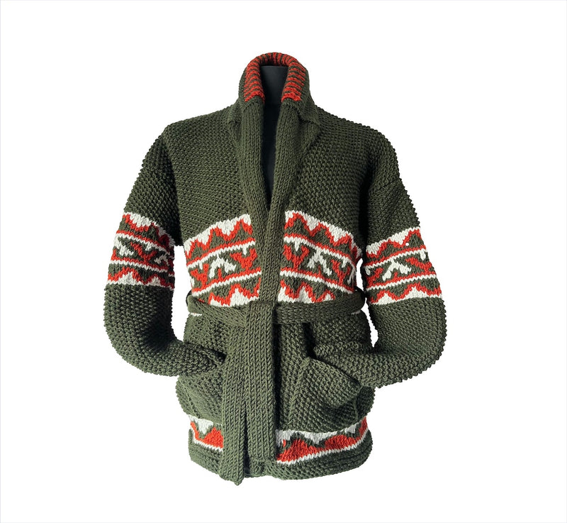 Green chunky knit Starsky cardigan with white and red geometric pattern, shawl collar
