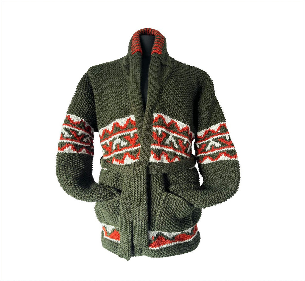 Green Starsky cardigan with white and red geometric Cowichan pattern, shawl collar