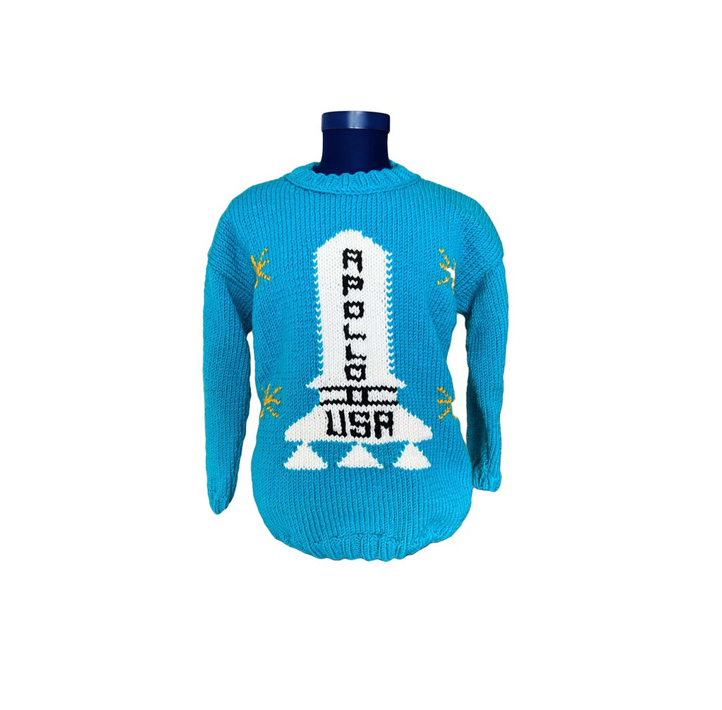 Turquoise knit sweater with Apollo rocket motif crew neck