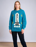 Apollo sweater teal blue with white rocket ship, Apollo USA lettering, yellow stars