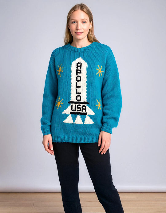 Apollo sweater teal blue with white rocket ship, Apollo USA lettering, yellow stars