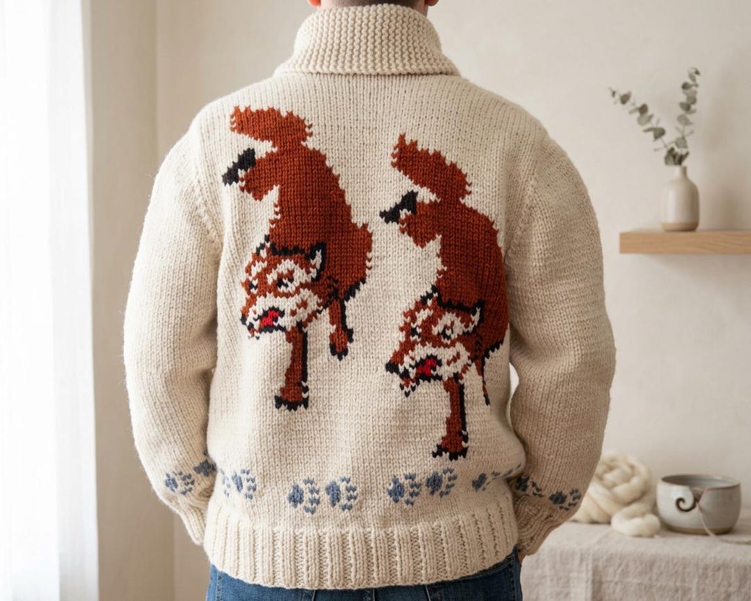 Fox cardigan back design with brown and white fox motifs