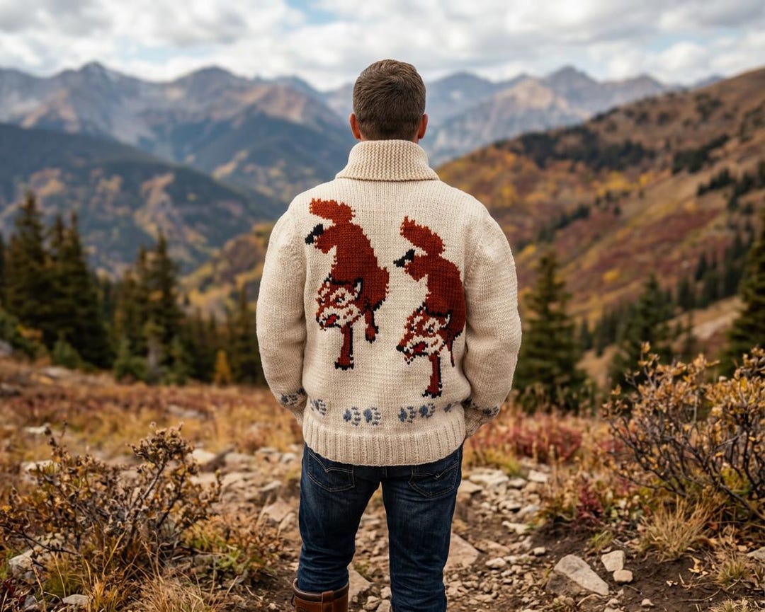 Cream fox sweater on model with mountain backdrop