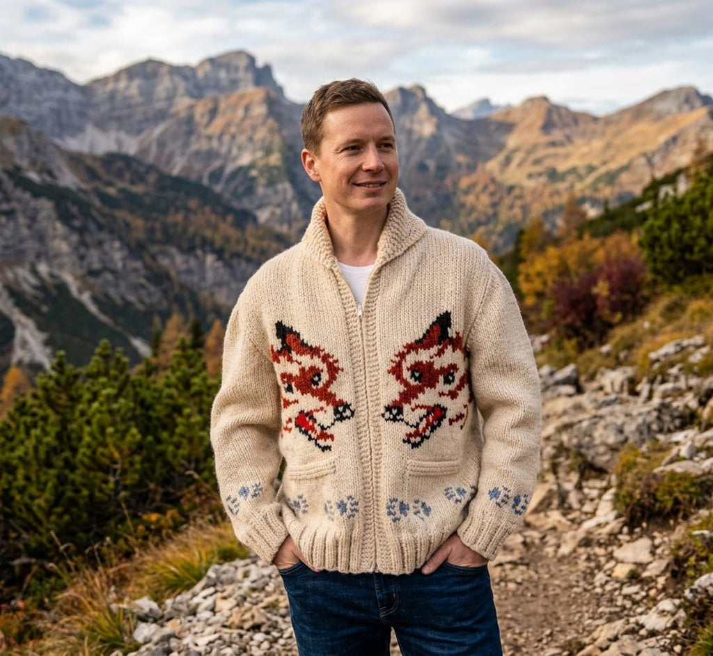 Fox Cardigan cream Cowichan-style sweater with fox motif, full zip