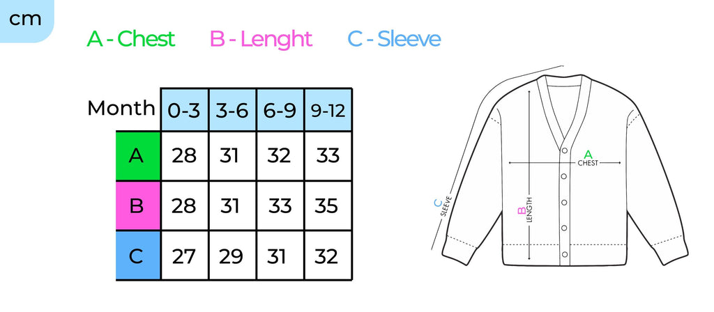 Baby size chart in cm, 0–12 months — chest, length and sleeve