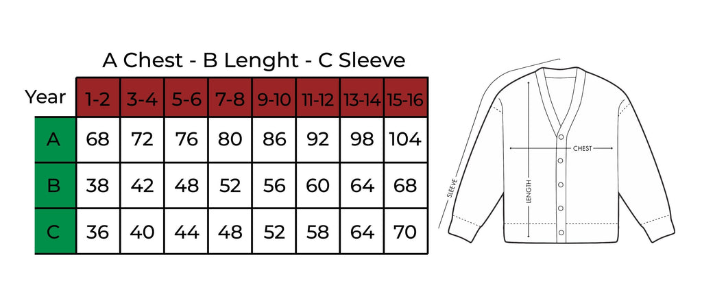 Kids size chart in cm, 1–16 years — chest, length and sleeve