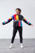 No Signal TV colorblocked hand-knit sweater, front view on model