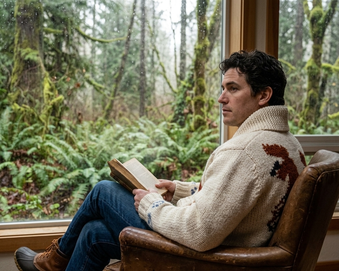Fox Cardigan — hand-knit wool zip sweater inspired by Project Hail Mary, man reading by a rainy forest window