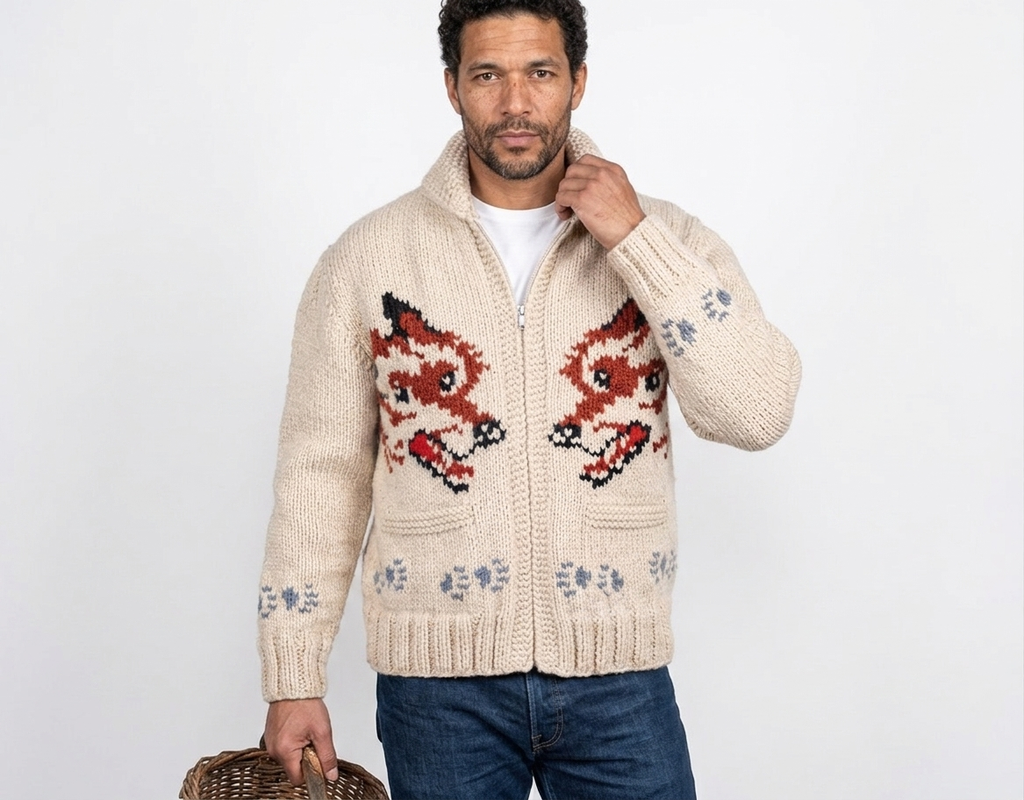 Fox cardigan — clean studio front, male model with wicker basket