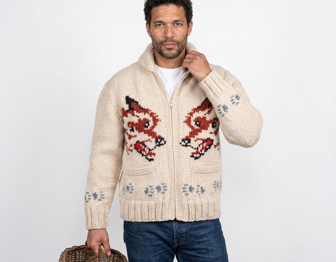 Fox cardigan — clean studio front, male model with wicker basket
